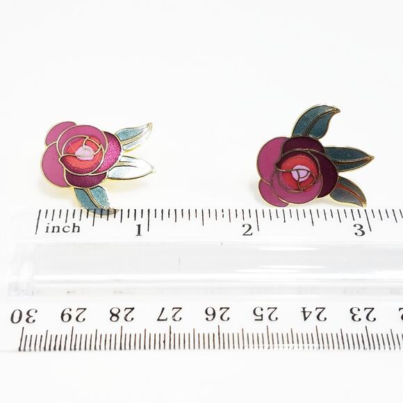 Vintage Laurel Burch "Deco Rose" Earrings, Gold Cloisonne Posts, Gold Plated - Picture 4 of 10